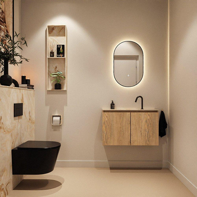 MONDIAZ TURE-DLUX Meuble toilette - 80cm - Washed Oak - EDEN - vasque Frappe - position centrale - 1 trou de robinet