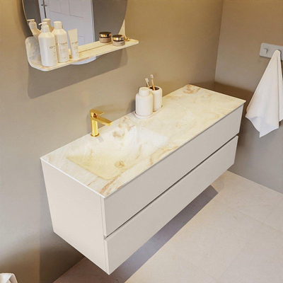 Mondiaz VICA-DLUX Ensemble de meuble de salle de bain - 130cm - meuble sous-vasque lin - 2 tiroirs - lavabo encastré nuage gauche - 1 trou de robinet - version haute de 60cm - frape