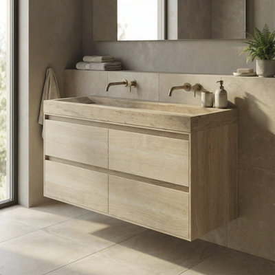 Forzalaqua Ibiza Ensemble meuble de salle de bains - 120x50x70cm - 4 tiroirs - lavabo en travertin - sans trou de robinet - jeu de supports - bouchon de vidage - smoke