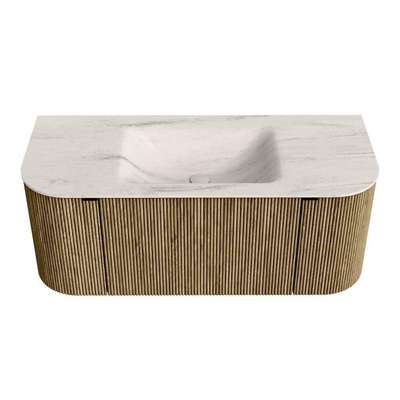 MONDIAZ KURVE-DLUX Meuble de salle de bains 110cm arrondi Gauche + Droite couleur Dusk avec 1 tiroir et 2 portes. Lavabo CLOUD Central sans trou de robinet Meli.