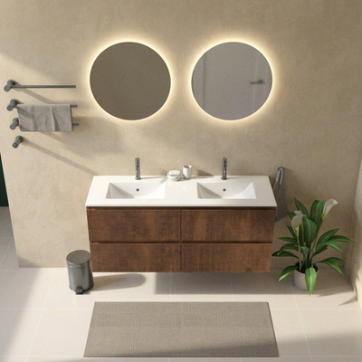 Saniclass Holz Atelier Ensemble meuble de salle de bains - 140x45x62cm - Lavabo Vygo en céramique blanc - 2 vasques - 2 trous de robinetterie - 4 tiroirs - brillant walnut pure (bois)