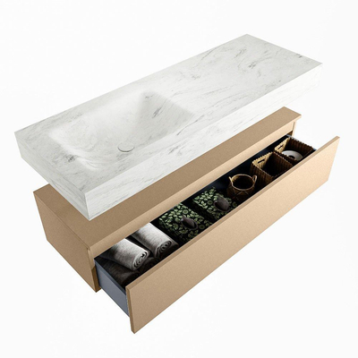 Mondiaz ALAN-DLUX Ensemble de meuble - 130cm - meuble Oro mat - 1 tiroir - Lavabo Cloud Opalo suspendu - vasque Gauche - 1 trou de robinet