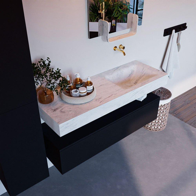 Mondiaz ALAN-DLUX Ensemble de meuble - 130cm - meuble Urban mat - 1 tiroir - Lavabo Cloud Opalo suspendu - vasque Droite - 0 trous de robinet