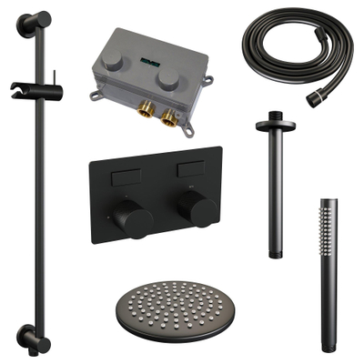 BRAUER Black Carving Thermostatische Regendouche inbouw - drukknoppen - SET 65 - 20cm hoofddouche - plafondarm - staaf handdouche - doucheslang - geïntegreerde glijstang - zwart mat