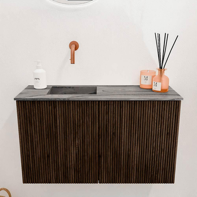 Mondiaz JOYA-DLUX 70cm toiletmeubel - kleur Walnut - Wastafel FAYE positie Links Zonder kraangat kleur Sombra.