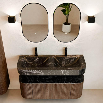 MONDIAZ THOR-DLUX 120cm meuble de salle de bains arrondi gauche + droite couleur Walnut avec 1 tiroir et 2 portes. Vasque suspendue CLOUD Double 2 trous de robinet couleur Lava.