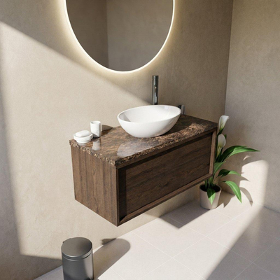 Saniclass Holz Frame Ensemble meuble de salle de bains - 100x45x43cm - Plan de toilette en pierre naturelle Noche dark emperador - 1 trou de robinet - 1 tiroir - chêne charcoal mat (bois)