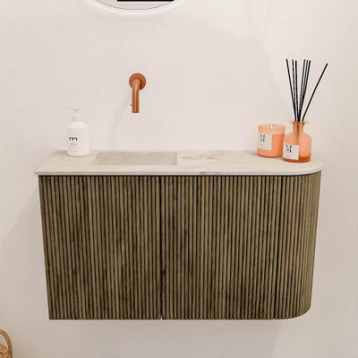 Mondiaz JOYA-DLUX 71.6cm toiletmeubel - ronding rechts kleur Dusk - Wastafel FAYE positie Links Zonder kraangat kleur Frappe.