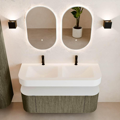 MONDIAZ THOR 130cm meuble de salle de bains arrondi gauche + droite couleur Shadow avec 1 tiroir et 2 portes. Vasque suspendue CLOUD Double 2 trous de robinet couleur Talc.