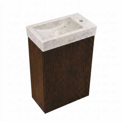 Saniclass Holz Atelier Ensemble de meuble WC - 40x60.5cm - 1 porte - lave-mains pierre naturelle marbre - trou de robinet à droite - chêne charcoal