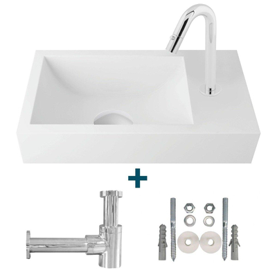 Nemo Spring Keyna fonteinset 40x22cm zonder overloop inclusief koudwaterkraan en RVS sifon solid surface wit