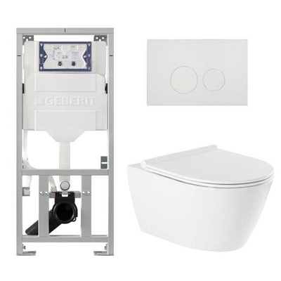 QeramiQ Salina Pack WC - sans bride - réservoir encastré Geberit - à fond creux WC suspendu - fermeture douce - déverrouillage rapide - boutons ronds - blanc