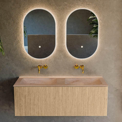 MONDIAZ KURVE-DLUX Meuble de salle de bains 120 cm couleur chêne avec 1 tiroir et 0 porte. Plan-vasque LEAF double sans trou de robinet Saba.