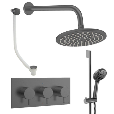 Crosswater MPRO Ensemble de douche pluie encastré - 3 poignées - vidage de baignoire - pomme de douche 20 cm - douchette - barre de douche - bras mural - gunmetal