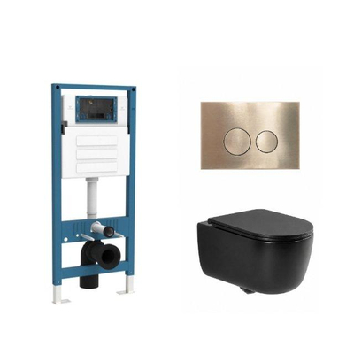 QeramiQ Dely Swirl Ensemble de toilette - réservoir encastré QeramiQ Flush - abattant slim - plaque de commande en métal laiton brossé - boutons ronds - noir mat