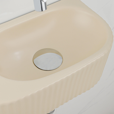 QeramiQ Fuente Ensemble de Lavabo - 40x21.5x12cm - strié - demi-rond - sans trou pour robinet - céramique - ensemble de robinet chrome - bouchon de vidange - siphon réduit - beige