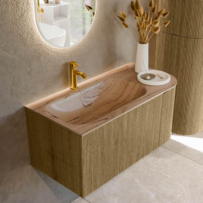 MONDIAZ KURVE-DLUX Meuble de salle de bains 95cm arrondi à droite couleur Dusk avec 1 tiroir et 1 porte. Lavabo BIG SMALL gauche 1 trou de robinet Arena.