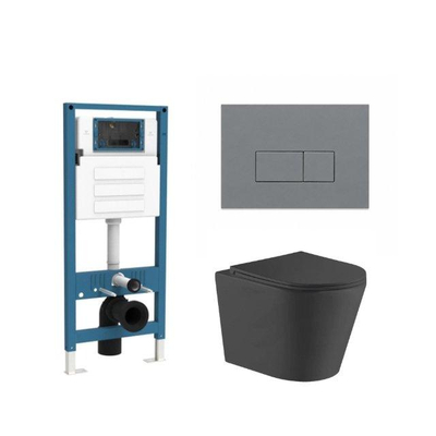 QeramiQ Dely Ensemble de toilette - réservoir encastré Qeramiq Flush - abattant slim - plaque de commande en plastique gris clair - boutons rectangulaires - noir mat