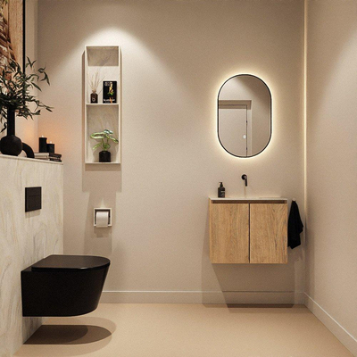 MONDIAZ TURE-DLUX Meuble toilette - 60cm - Washed Oak - EDEN - vasque Ostra - position centrale - sans trou de robinet