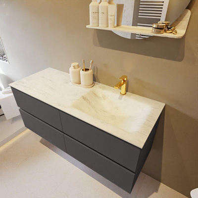 Mondiaz VICA-DLUX ensemble de meuble de salle de bain - 120cm - meuble sous-vasque gris foncé - 4 tiroirs - lavabo encastré cloud droite - 1 trou de robinet - version haute de 60cm - opalo