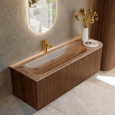 MONDIAZ KURVE-DLUX Meuble de salle de bains 135cm arrondi à droite couleur Walnut avec 1 tiroir et 1 porte. Lavabo BIG MEDIUM à gauche 1 trou de robinet Arena.