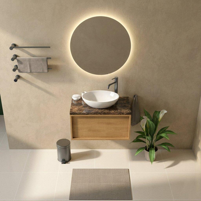 Saniclass Holz Frame Ensemble de meubles de salle de bains - 80x45x43cm - Plan de travail en pierre naturelle Noche dark emperador - 1 trou de robinet - 1 tiroir - chêne natural mat (bois)