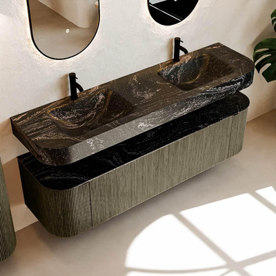 MONDIAZ THOR-DLUX Meuble de salle de bains - 170cm - arrondi gauche + droite - couleur Shadow - 1 tiroir et 2 portes - Vasque suspendue CLOUD Double 2 trous de robinet - couleur Lava