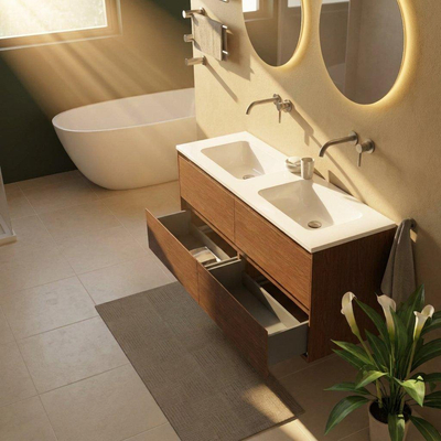 Saniclass Holz Pure Ensemble de meubles de salle de bains - 140x45x77.5cm - lavabo Torino en solid surface blanc - sans trou de robinetterie - 4 tiroirs - walnut pure mat (bois)