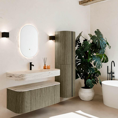 MONDIAZ THOR-DLUX 110cm meuble de salle de bains arrondi gauche + droite couleur Shadow avec 1 tiroir et 2 portes. Vasque suspendue CLOUD Milieu 1 trou de robinet couleur Nata.