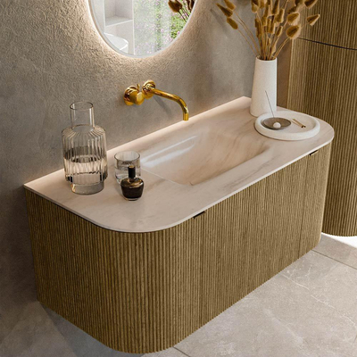 MONDIAZ KURVE-DLUX Meuble de salle de bains 100cm arrondi gauche + droite couleur Dusk avec 1 tiroir et 2 portes. Lavabo GRUNNE central sans trou de robinet Meli.