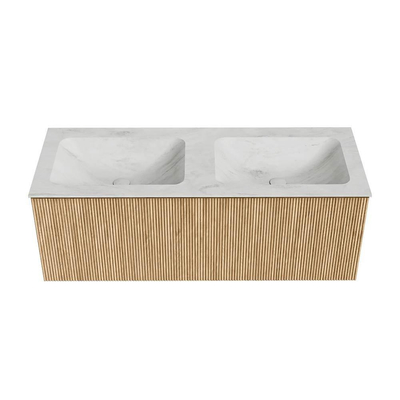MONDIAZ KURVE-DLUX Meuble de salle de bains 120 cm couleur Oak avec 1 tiroir. Vasque LEAF double 2 trous de robinet couleur Opalo.
