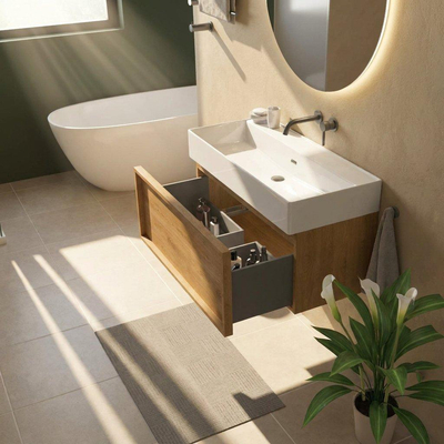 Saniclass Holz Frame Ensemble de meubles de salle de bains - 100x45x52cm - vasque Legend en céramique blanc - 1 vasque - sans trou de robinetterie - 1 tiroir - chêne natural mat (bois)