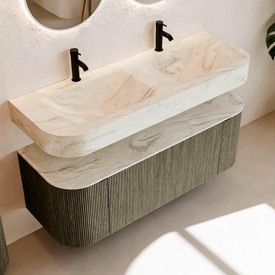 MONDIAZ THOR-DLUX 130cm meuble de salle de bains arrondi gauche + droite couleur Shadow avec 1 tiroir et 2 portes. Vasque suspendue CLOUD Double 2 trous de robinet couleur Ostra.