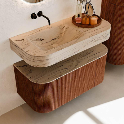 MONDIAZ THOR-DLUX 100cm meuble de salle de bains arrondi gauche + droite couleur Ruby avec 1 tiroir et 2 portes. Vasque suspendue CLOUD gauche sans trou de robinet couleur Arena.