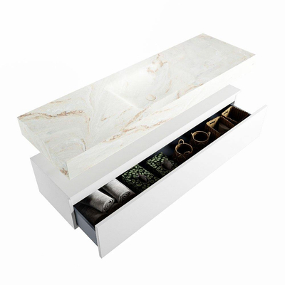Mondiaz ALAN-DLUX Ensemble de meuble - 150cm - meuble Talc mat - 1 tiroir - Lavabo Cloud Frappe suspendu - vasque Centre - 1 trou de robinet