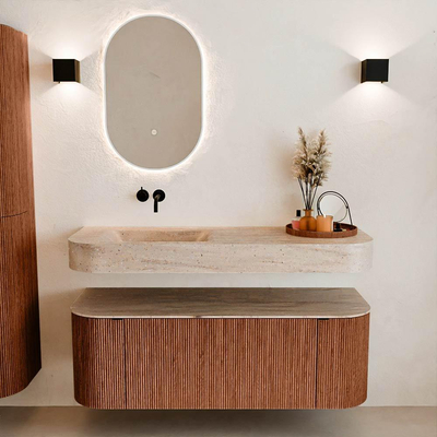 MONDIAZ THOR-DLUX 130cm meuble de salle de bains arrondi gauche + droite couleur Ruby avec 1 tiroir et 2 portes. Vasque suspendue CLOUD Gauche sans trou de robinet couleur Saba.