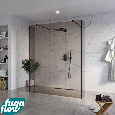 FugaFlow Eccelente Vetro Vrijstaande inloopdouche badkamer - 160x200cm - Rookglas - antikalk - 8mm veiligheidsglas - 2 zijwanden 40cm - met wandarmen en hoekprofielen - Zwart mat -