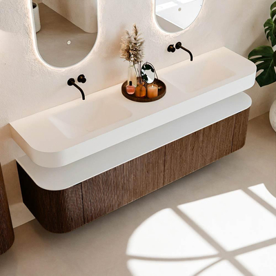 MONDIAZ THOR Meuble de salle de bains 190cm arrondi gauche + droite couleur Walnut avec 2 tiroirs et 2 portes. Vasque suspendue CLOUD Double sans trou de robinet couleur Talc.