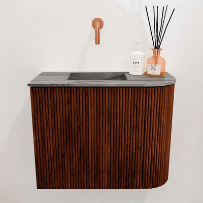 Mondiaz JOYA-DLUX 51.6cm toiletmeubel - ronding rechts kleur Ruby - Wastafel FAYE positie Links Zonder kraangat kleur Sombra.