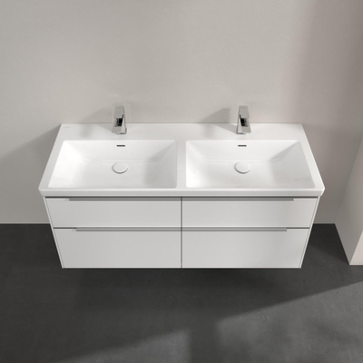Villeroy & Boch Subway 3.0 wastafelonderkast - 130x55x45cm - met aluminium glanzende greep - 2 sifonuitsparingen links en rechts - spaanplaat - Pure White (wit)