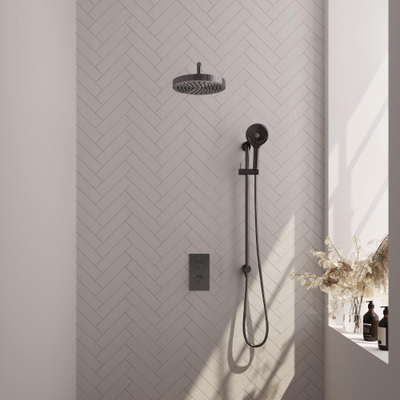 BRAUER Stripe Thermostatische Inbouw Regendouche - 3-weg - rechthoekig - SET 23 - 25cm douchekop - gebogen muurarm - 3-standen handdouche - doucheslang - geïntegreerde glijstang - gunmetal geborsteld PVD