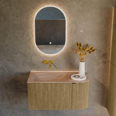 MONDIAZ KURVE-DLUX Meuble de salle de bains 85cm arrondi à droite couleur Dusk avec 1 tiroir et 1 porte. Plan-vasque CLOUD gauche sans trou de robinet Saba.