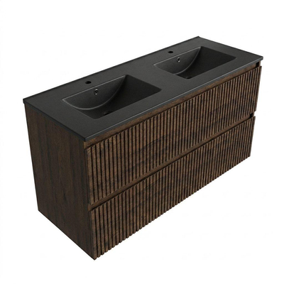 Saniclass Holz Atelier Ensemble meuble de salle de bains - 120x45x62cm - Vasque Vygo en céramique noire - 2 vasques - sans trous de robinet - 2 tiroirs - chêne charcoal mat (bois)