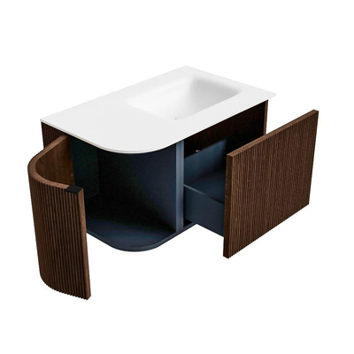 MONDIAZ KURVE Meuble de salle de bains 75cm avec module 25 L couleur Walnut avec 1 tiroir et 1 porte. Lavabo GRUNNE à droite 1 trou de robinet Talc.