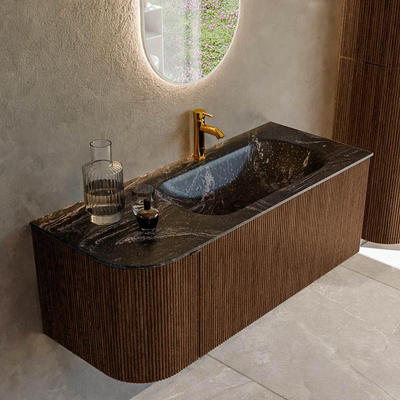 MONDIAZ KURVE-DLUX 115cm badmeubel met module 25 L kleur Walnut met 1 lade en 1 deur. Wastafel BIG SMALL rechts 1 kraangat kleur Lava.