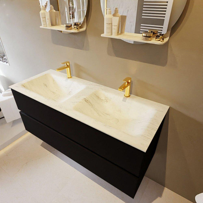 Mondiaz VICA-DLUX ensemble de meuble de salle de bain - 120cm - meuble sous-vasque urban - 2 tiroirs - lavabo encastré cloud double - 2 trous de robinet - version haute de 60cm - opalo