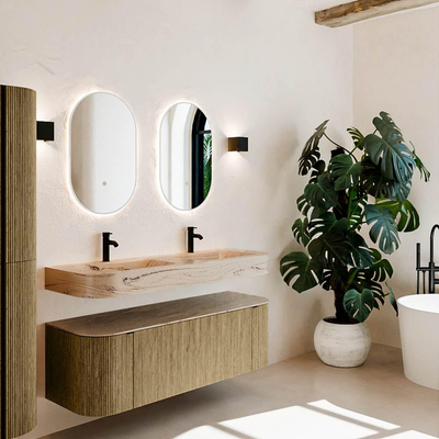 MONDIAZ THOR-DLUX 140cm badmeubel ronding links + rechts kleur Dusk met 1 lade en 2 deuren. Vrijhangende wastafel CLOUD Dubbel 2 kraangaten kleur Arena.