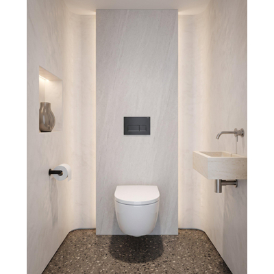 QeramiQ Dely Swirl Toiletset - 36.3x51.7cm - Geberit UP720 Duofix Sigma inbouwreservoir - 35mm zitting - bedieningsplaat mat zwart - rechthoekige knoppen - mat wit