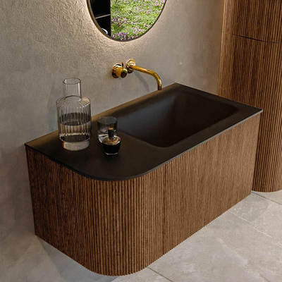 MONDIAZ KURVE 85cm Meuble salle de bain avec module 25 G - couleur Walnut - 1 tiroir - 1 porte - vasque CLOUD droite - sans trous de robinet - Urban