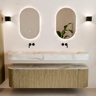 MONDIAZ THOR-DLUX Meuble de salle de bains 170cm arrondi gauche + droite couleur Dusk avec 1 tiroir et 2 portes. Vasque suspendue CLOUD Double sans trou de robinet couleur Frappe.